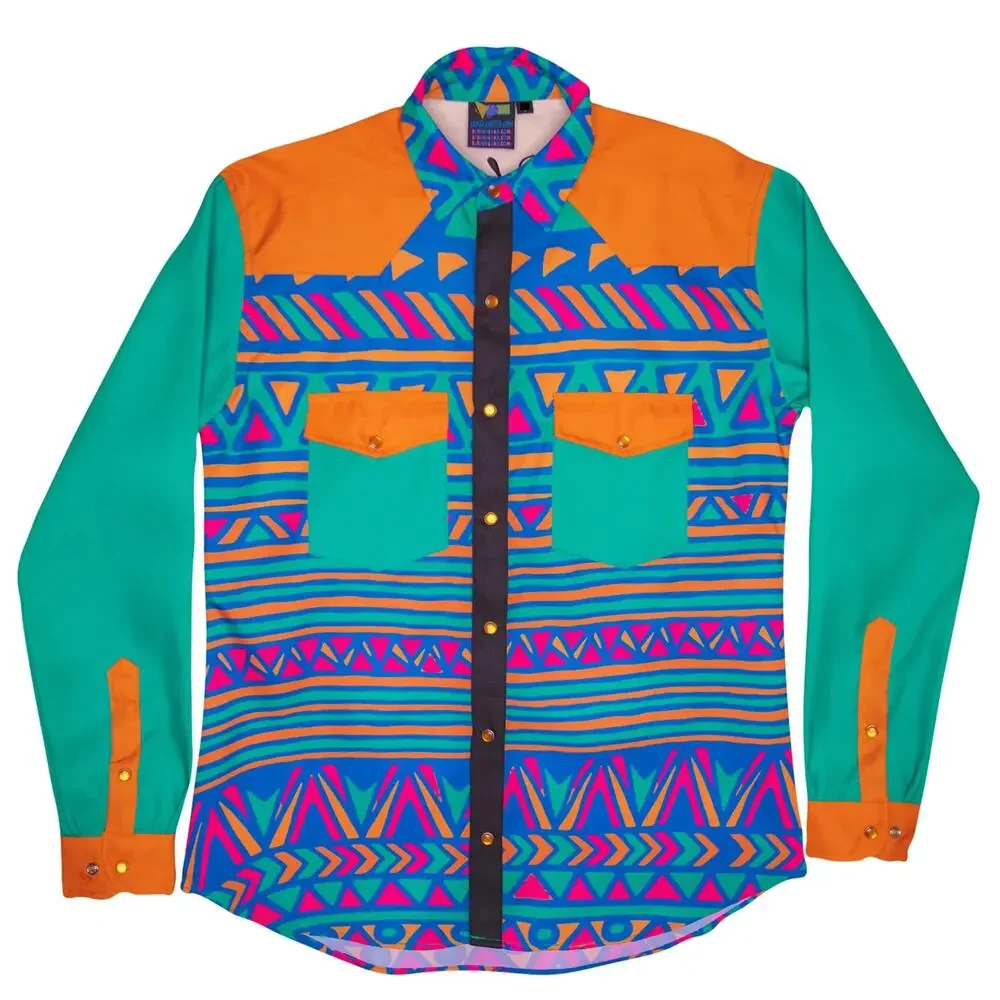 B Fresh Jazzy J Orange Blue Retro 90s Pearl Snap Button Up Shirt size XL NEW Tag - Picture 2 of 9